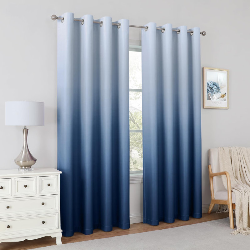 Navy Blue Ombre Blackout Curtains 52 X 84 Inch Length Gradient Room Darkening Thermal Insulated Energy Saving Grommet 2 Panels Window Drapes For Living Room, Bedroom