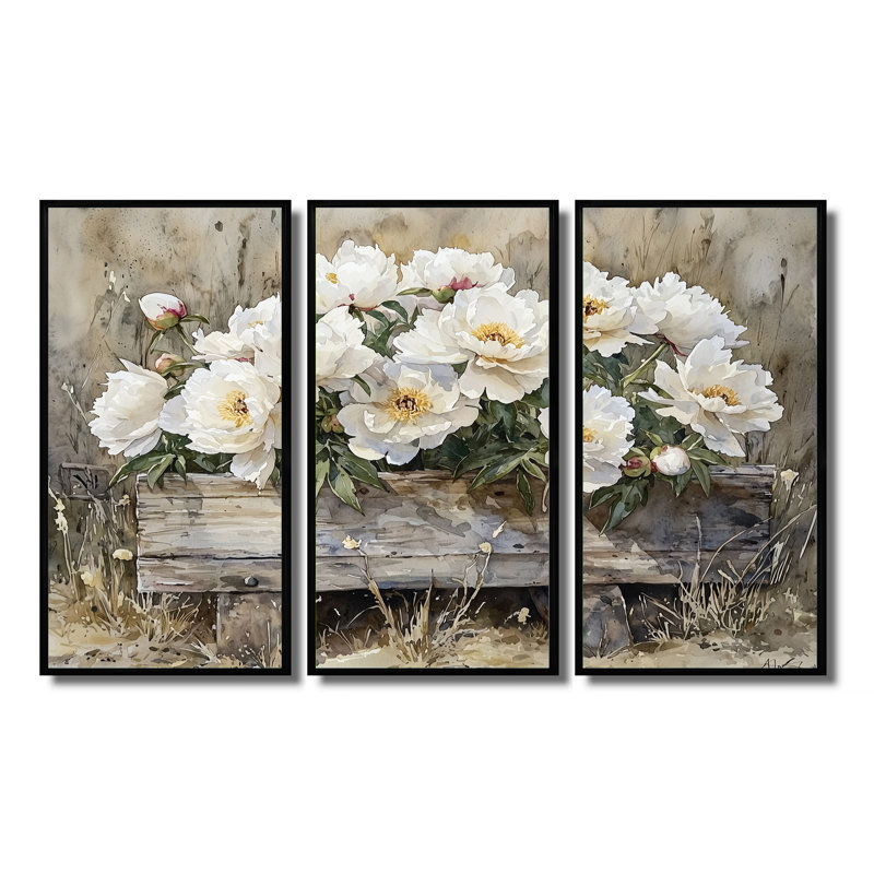Loin, pivoines près de la cuvette d'eau - pivoines, art mural sur toile - 3 panneaux, H 28 po x l 36 po, Noir