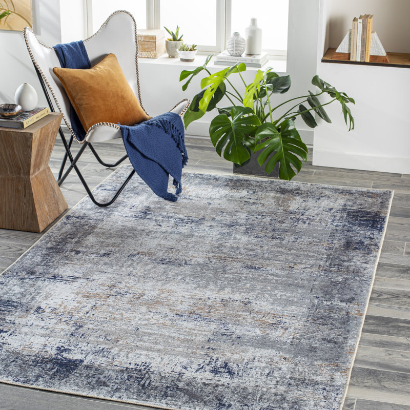 Owings Machine Washable Abstract Dark Blue/Medium Brown Area Rug, Rectangle 6'7" x 9'