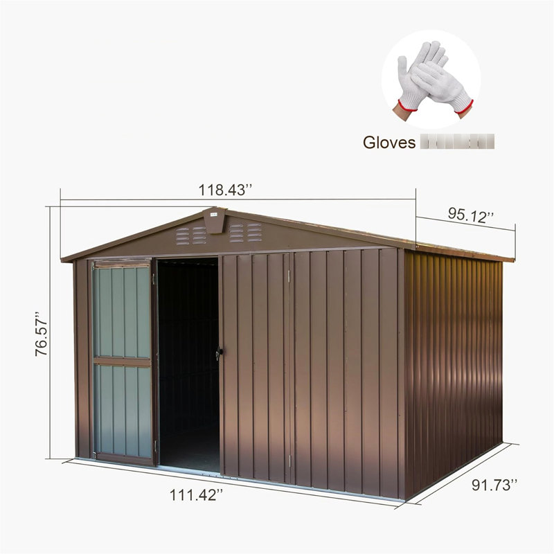 Abri de jardin 3 m x 2,4 m - Métal, étanche, double porte verrouillable, ventilé, brun, pour rangement extérieur, antirouille, avec serrure.
