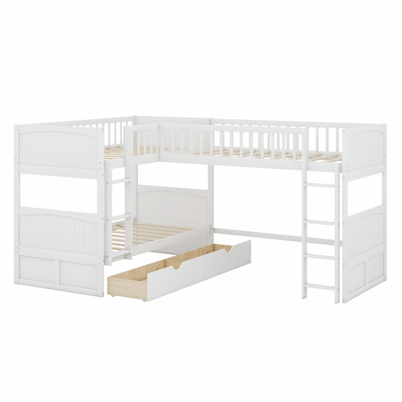 Lit superposé avec lit mezzanine attaché, avec deux tiroirs, Blanc