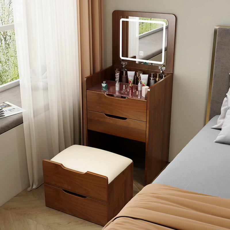 (60cm) de coiffeuse 3 en 1 avec miroir Plip, petit ensemble de coiffeuse avec bureau en verre visible, coiffeuse de maquillage compacte avec 3 tiroirs, coiffeuse pour chambre à coucher (couleur noyer)