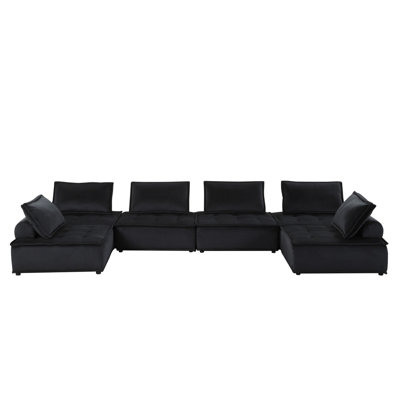 Aveline 160"W Black Velvet 6-Seater U-Shape Modular Sectional Sofa