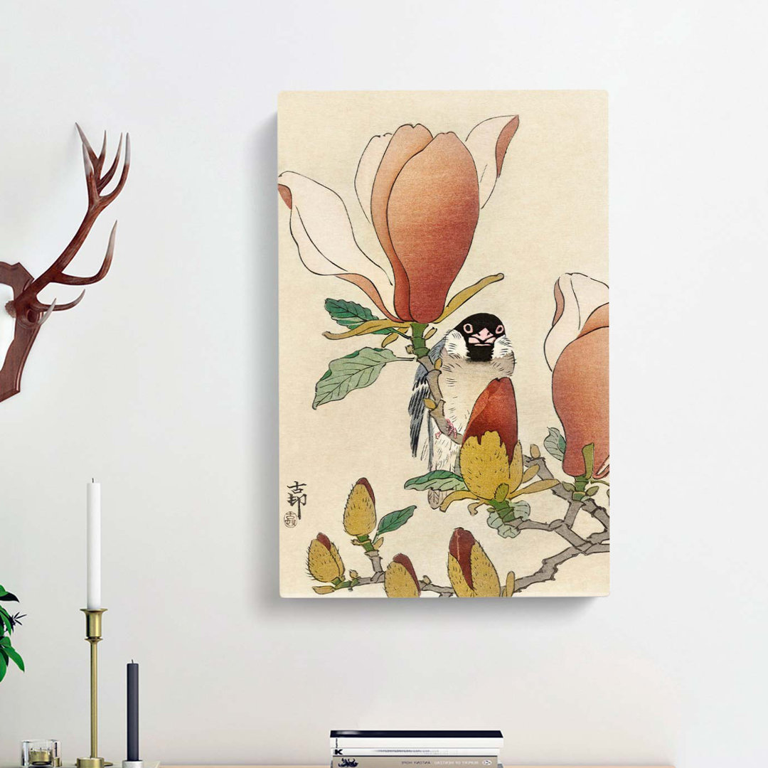 Sparrow Bird Upon Magnolia Branch by Ohara Koson - Wrapped Canvas