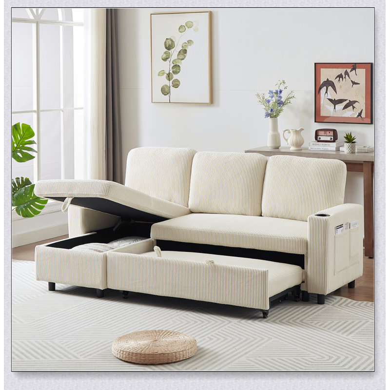 Ensemble de canapé-lit en L 78,7 po, Velours côtelé beige