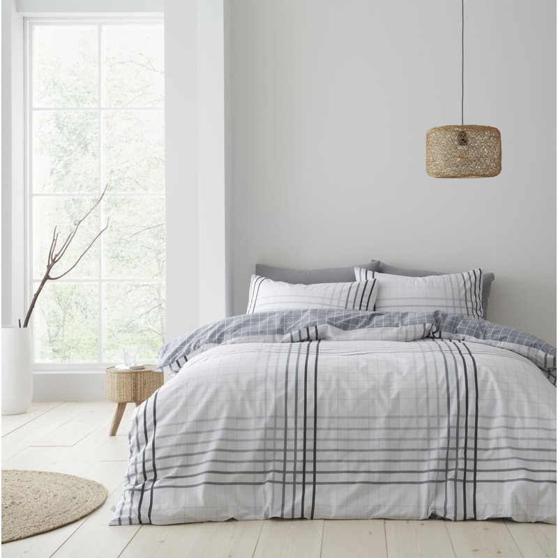 Grid Check Egyptian-Quality Cotton Duvet Cover Set, Double Duvet Cover + 2 Standard Pillowcases