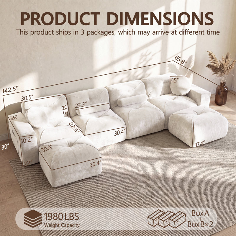 Canapé d'angle modulaire en velours sans ossature de salon, aucun assemblage requis, 30" H x 142" W x 65.8" D, Beige