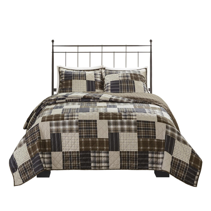Microfiber Printed Quilt 3 piece set, King Bedspread + 2 Standard Shams, Black/Brown