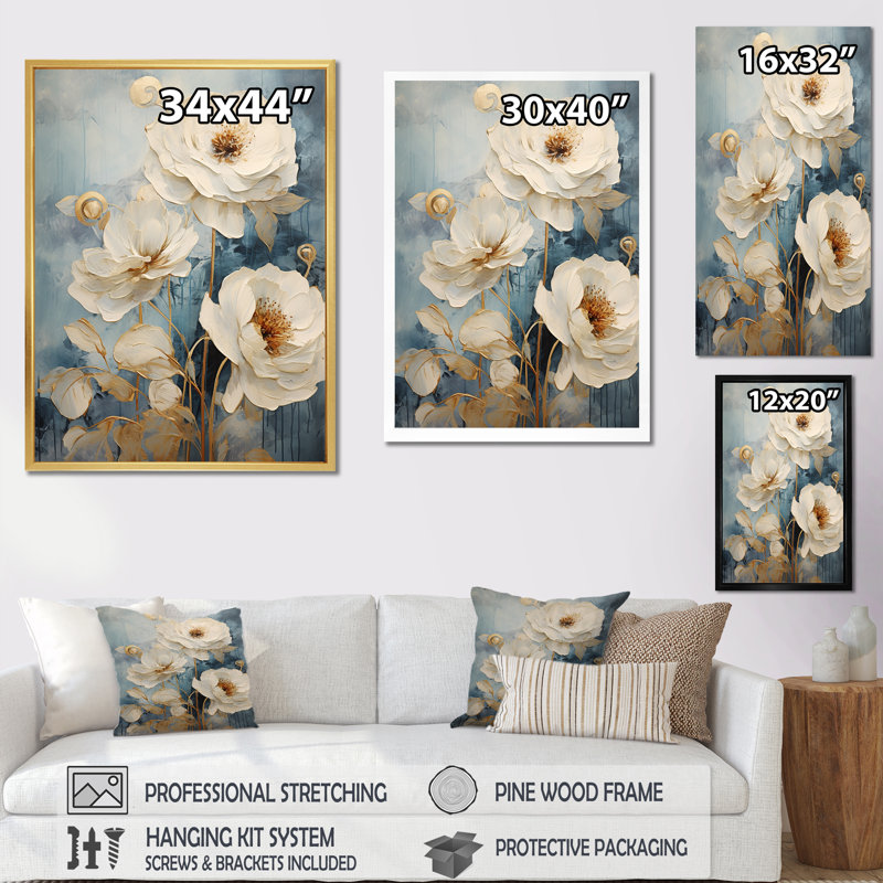 Éclat de renoncule - Décoration murale renoncule, Cadre flottant doré, H 44 po x l 34 po x P 1,5 po