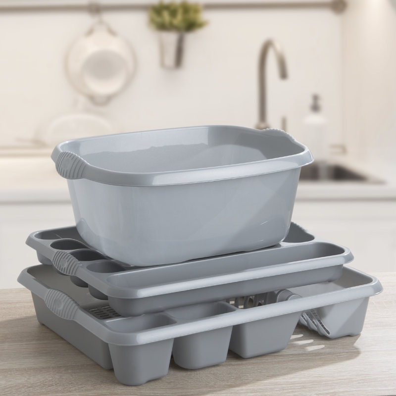 3 Piece Kitchen Set (38cm Rectangular Bowl, Large Cutlery Tray & Large Dish Drainer), Silver