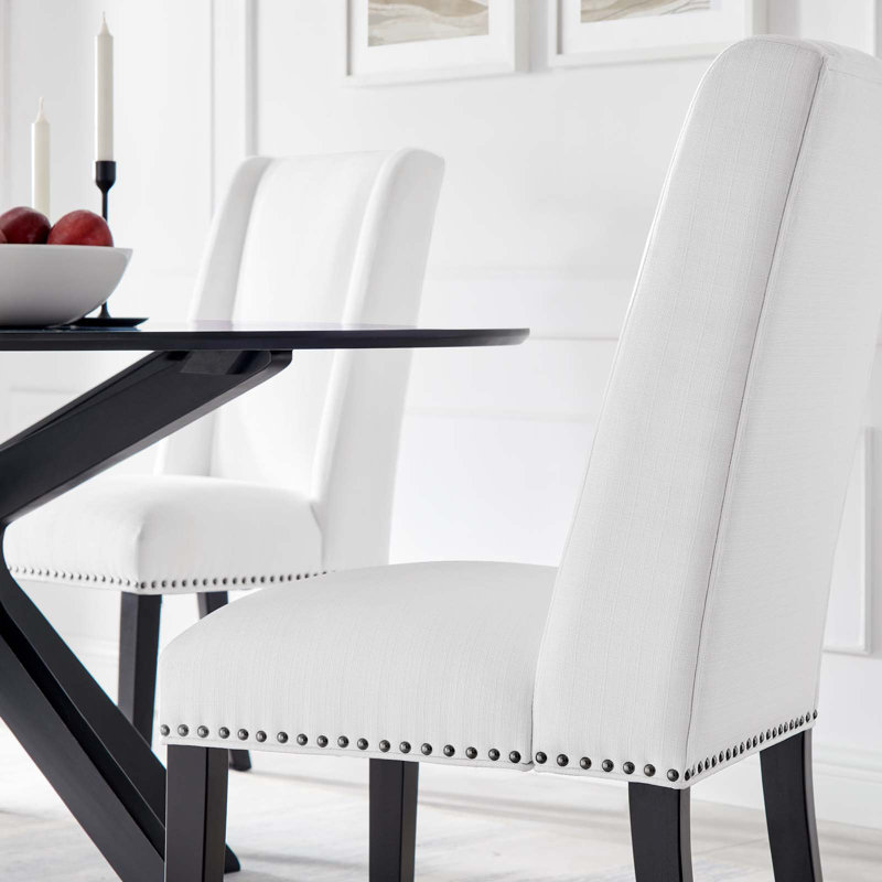 Elegant White Leather Upholstered Parsons Side Chair with Nailhead Trim
