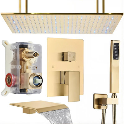 Système de robinet de douche à DEL 16 "x32" brossé or avec douchette et douchette