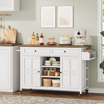 Rolling Kitchen Island with Wheels and Large Countertop, Spicy Rack, Towel Rack and Drawers by Gracie Oaks