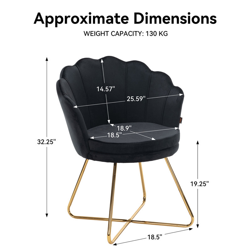 Round velvet armchair with petal backrest and gold metal legs modern accent chair dressing chair for home, Black