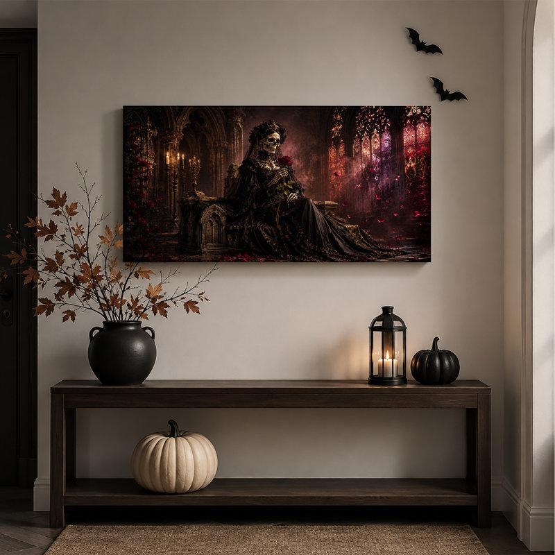 Mariée squelette gothique en voile noir tenant une toile rouge d'Halloween, L 46 po x H 24 po