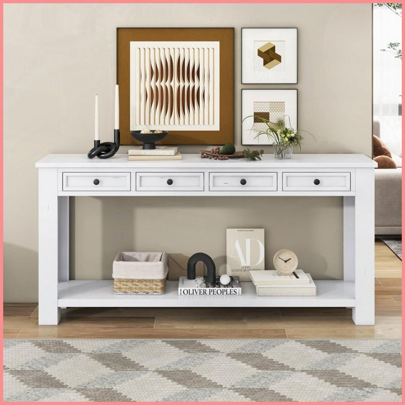 Table basse rustique chic en bois massif pour le salon et amp; Foyer, blanc antique avec tiroirs de rangement Assemblage facile