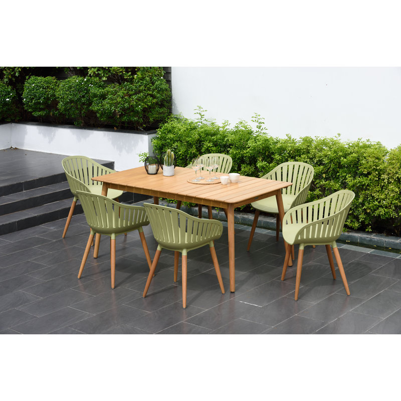 Lifestylegarden Fiji FSC Wood And Resin 7Pc Outdoor Patio Rectangular Dining Set With Green Chairs