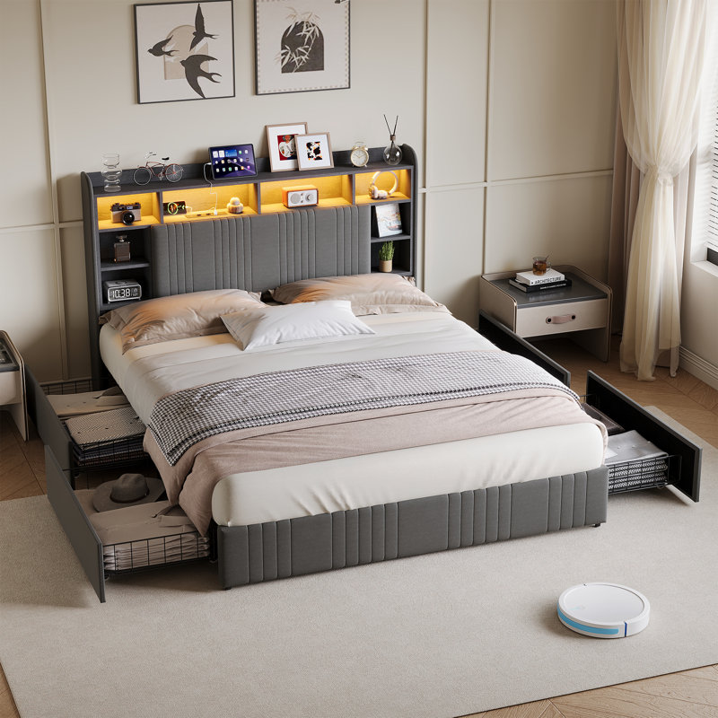 Upholstered Storage Bed, European Kingsize (160 x 200 cm), Grey