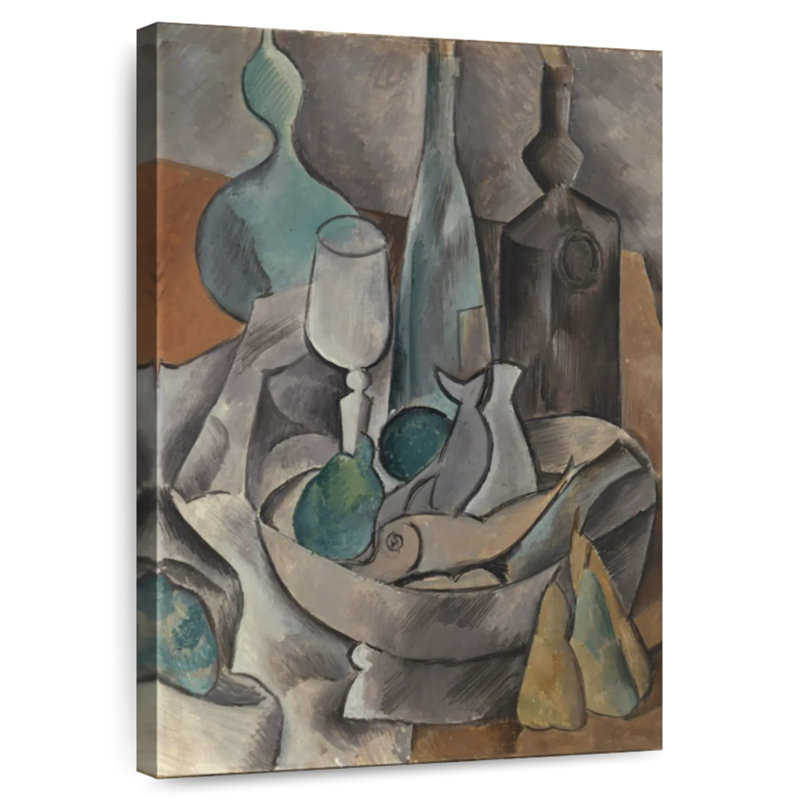 Nature morte avec poisson et bouteilles, H 30 po x l 20 po
