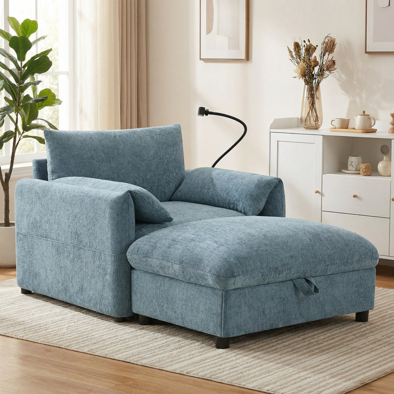 Fauteuil d'appoint rembourré avec repose-pieds avec rangement, Bleu