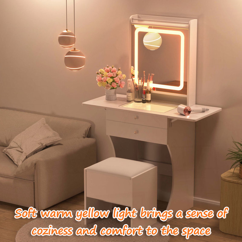 Ensemble de coiffeuse pour petit espace avec tables d'appoint pliables et miroir à DEL