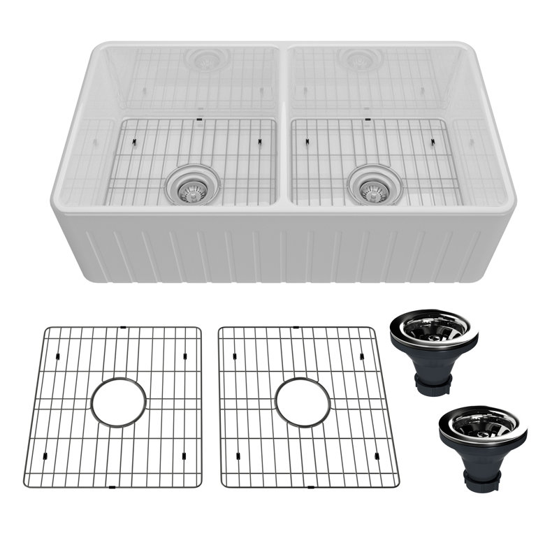 33" L x 18" W Double Bowl Fireclay Farmhouse Kitchen Sink with Sink Grid, White