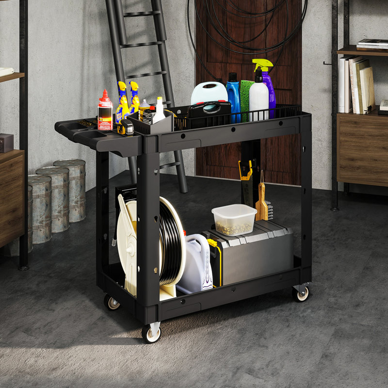2-Tier Rolling Tool Cart, 500 LBS Capacity Utility Cart, Black, 31" H x 22.4" W x 29.9" D