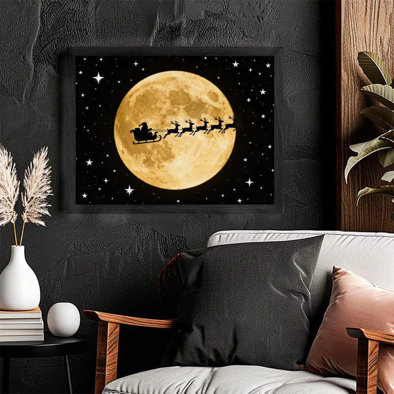 Art mural noir en forme de traîneau de père Noël moderne, impression de scène de nuit au clair de lune encadrée