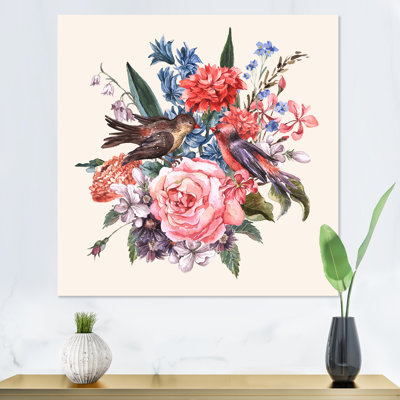 «Floral Bouquet With Roses Hyacinths And Birds», reproduction d'art sur toile traditionnelle