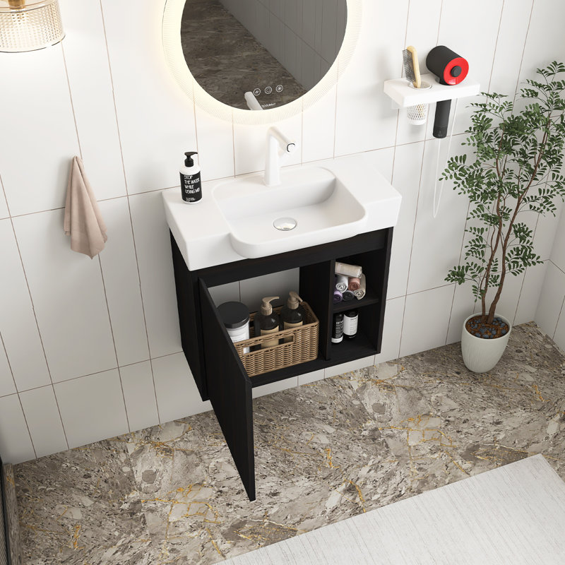 Meuble-lavabo mural 24 po en contreplaqué avec lavabo en céramique blanc et porte à fermeture en douceur, emballage KD, chêne foncé