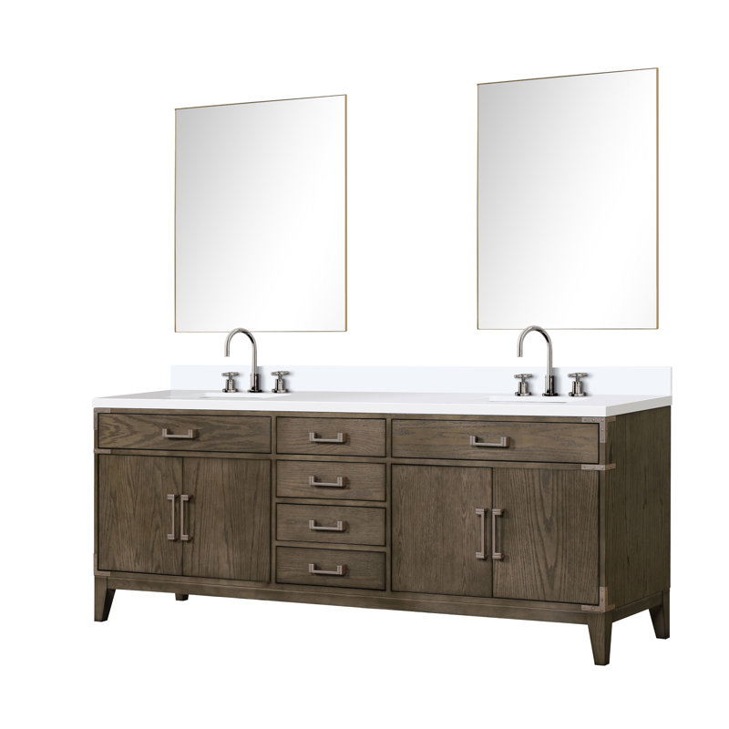 Ensemble de miroirs de salle de bain double avec robinet l 84 po x P 22 po Laurel, Chêne gris, Quartz blanc