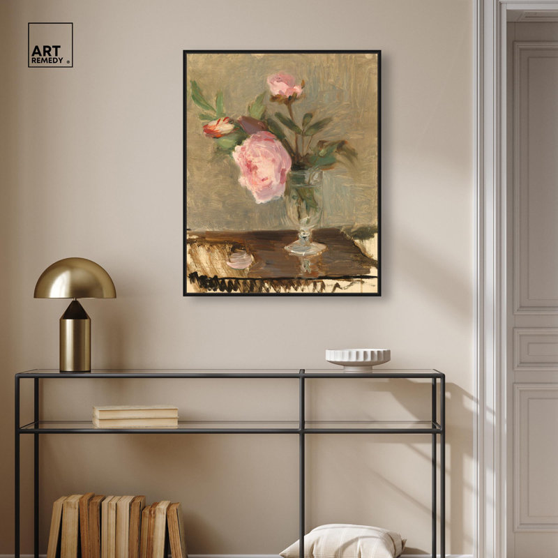 Toile Moristot Peony par Art Remedy, H 31 po x l 25 po, Cadre flottant, Noir