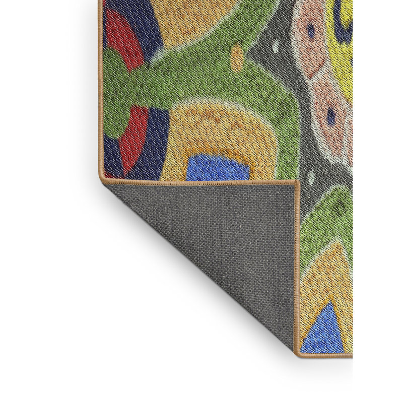 Tapis vert/bleu/jaune tissé à la machine, Rectangle 7 pi x 9 pi