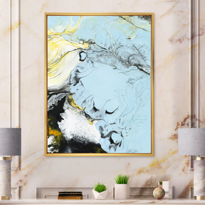 Encre de marbre bleu clair, jaune et noir - reproduction sur toile