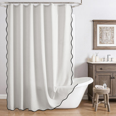 Scallop Shower Curtain with 6 Clear Hooks, Waterproof, 36x72, Cream, Cute Washable Heavy Duty Thick Fabric with Black Border, Neutral Modern Farmhouse Boho Décor