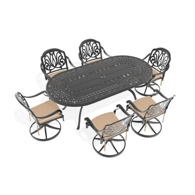 All-weather 7 Dining : 6 Swivel Chairs & Oval Table In Cast Aluminum, Black, , Comfortable Seating, 350lbs Seat Capacity, 160lbs Cushions Included, Simple Assembly Process For This Outdoor Setup With