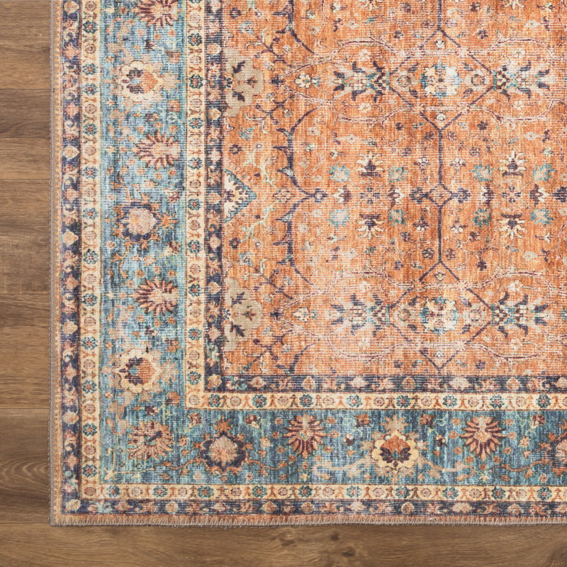  Washable Non-Slip Rug - Orange/Teal Blue Traditional Bordered Runner for Entryway, Hallway, Bathroom, and Kitchen