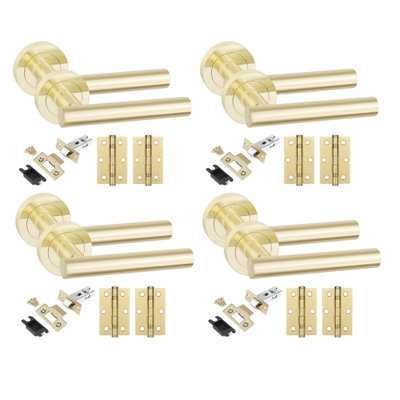  4 Set Straight T-Bar Design Door Handles in Satin Brass Finish with Tubular Latch and 1 Pair of 3" Ball Bearing Hinges