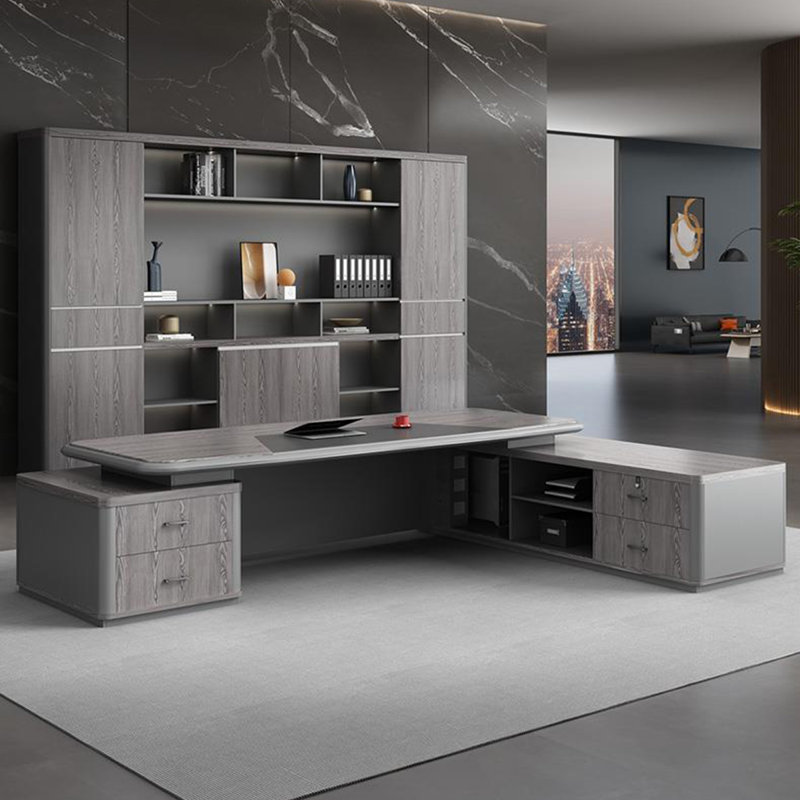 Bureau de luxe 102,36 po haut de gamme gris foncé à double armoire, H 29,53 po x l 102,36 po x P 70,87 po