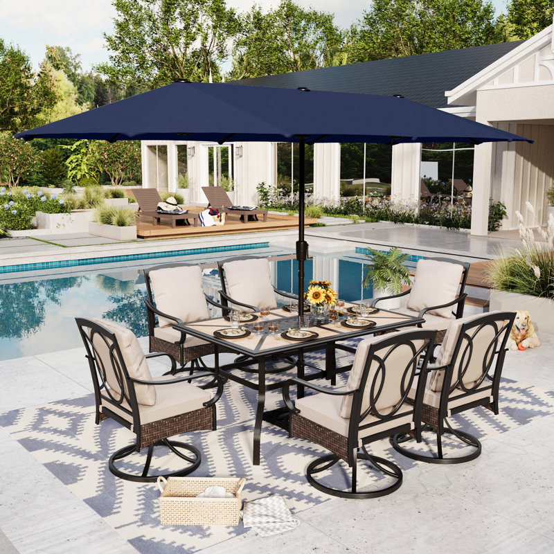 Alyah 6 - Person Rectangular Outdoor Dining Set with Swivel Chairs & Thick Cushions, Navy Blue