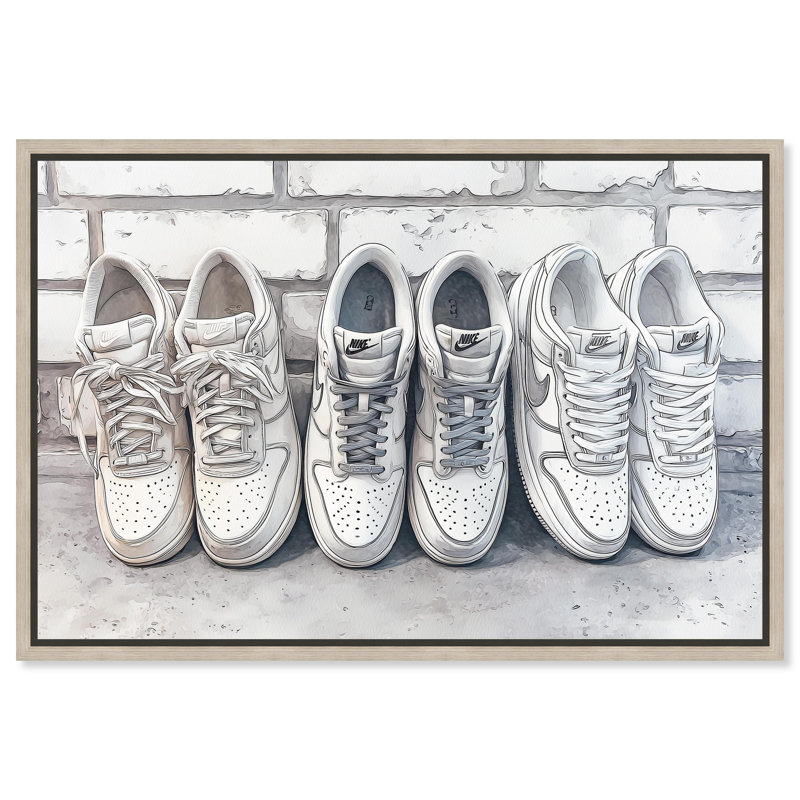 «Brick Wall Sneaker Line Up», reproduction d'art acrylique encadrée par Art Remedy, cadre noir, 36 x 24, H 25 po x l 37 po