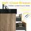 Meuble-lavabo de 48 po avec lavabo noir et tiroirs en chêne brut, fixation murale de style Mid-Century moderne, poignée double dissimulée pour les personnes âgées, finition à l'eau de qualité E0, résistance à l'eau du système