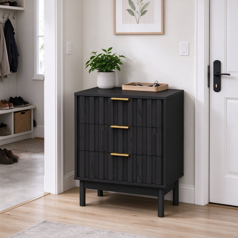Commode à 3 tiroirs avec coins arrondis et poignées en bois naturel, commode blanche pour le salon de la chambre à coucher