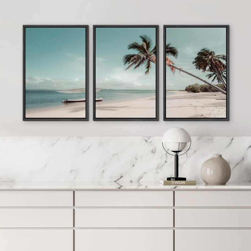 Plage tropicale avec palmiers, paysage côtier serein, photographie, réalisme, décor panoramique, Cadre flottant noir