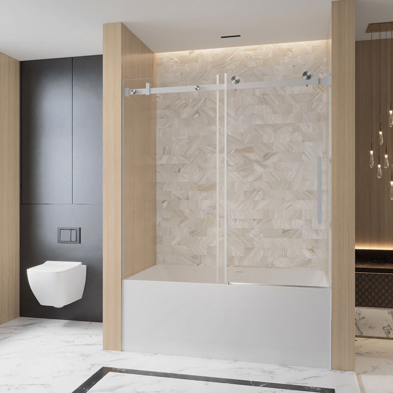 Frameless Single Sliding Shower Door  56-60 "W X 60" H, 1/4 "(6 Mm) Clear Tempered Glass, Explosion Proof Film, Stainless Steel Handle  Square Tube Track ,Brushed Nickel
