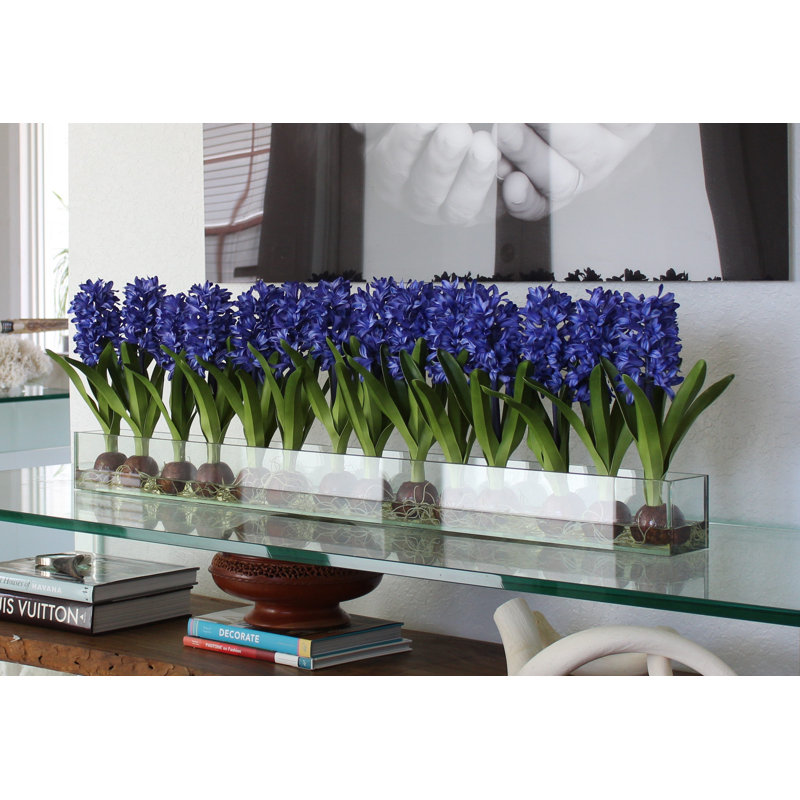 Orchids Centerpiece in Glass Planter, 16" H x 24" W x 4" D, Blue