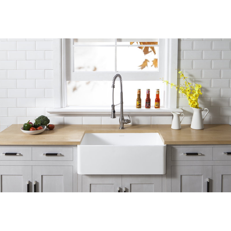 Kingston Brass Arcticstone 33-Inch Solid Surface White Stone Apron-Front Single Bowl Farmhouse Kitchen Sink