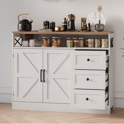 47 in Farmhouse Sideboard Buffet Cabinet with Storage, 2 Barn Doors and 3 Drawers, Coffee Bar Station Table with Built-in Power Outlet for Kitchen, Livingroom, White