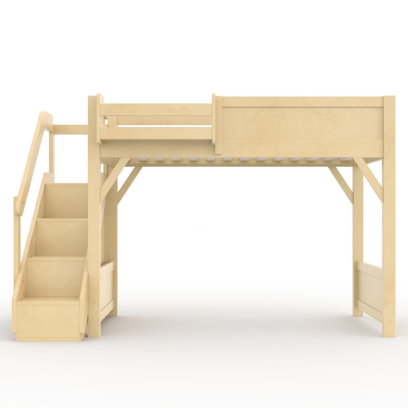 Lit mezzanine simple en bois massif avec garde-robe intégrée, rangement, tablettes de chevet, garde-corps et escaliers, naturel