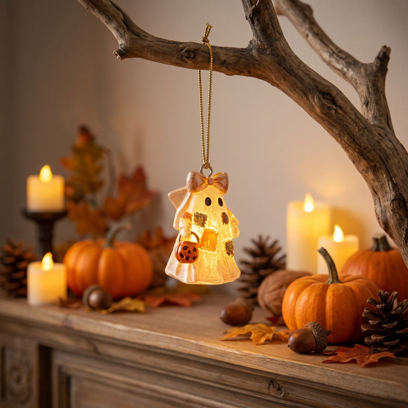 Décoration d'Halloween : Fantôme lumineux à suspendre, adorable fantôme en patchwork avec citrouille, seau, nœud, étoile, décoration automnale à suspendre au sapin pour la maison, les fêtes et les vacances.